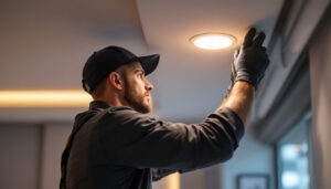 A photograph of a skilled lighting contractor installing low voltage recessed lighting in a modern interior space