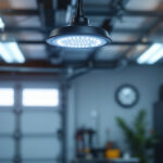 A photograph of a well-lit garage showcasing a modern led light fixture