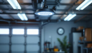 A photograph of a well-lit garage showcasing a modern led light fixture
