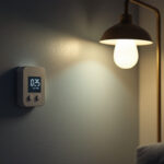 A photograph of a well-lit room featuring a stylish lamp equipped with a digital timer