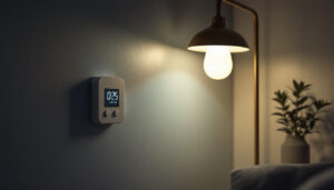 A photograph of a well-lit room featuring a stylish lamp equipped with a digital timer