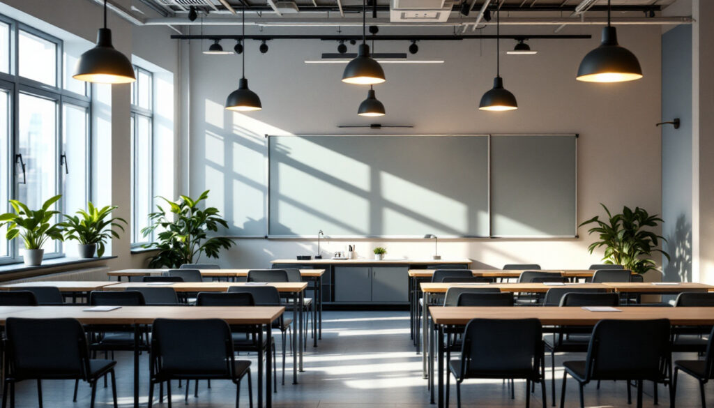 A photograph of a well-lit classroom setting that showcases various lighting fixtures in use