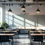 A photograph of a well-lit classroom setting that showcases various lighting fixtures in use