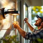 A photograph of a skilled lighting contractor installing a stylish wall-mounted outdoor light fixture on a home’s exterior