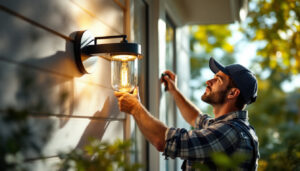 A photograph of a skilled lighting contractor installing a stylish wall-mounted outdoor light fixture on a home’s exterior