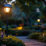 A photograph of a beautifully illuminated solar yard lamp post in a lush garden setting during twilight