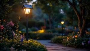 A photograph of a beautifully illuminated solar yard lamp post in a lush garden setting during twilight