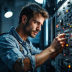 A photograph of a lighting contractor adjusting a fan speed switch on a control panel