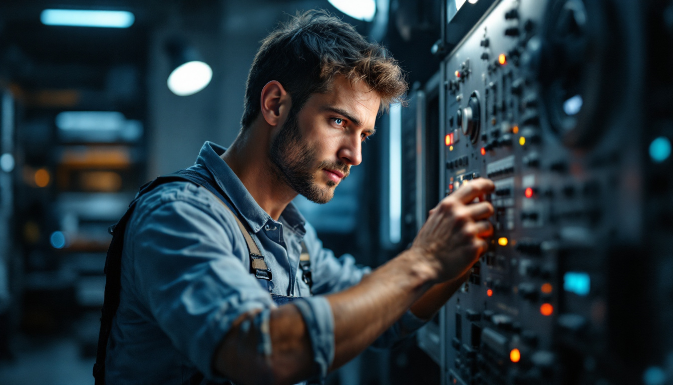 A photograph of a lighting contractor adjusting a fan speed switch on a control panel