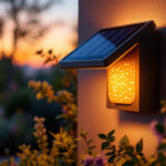 A photograph of a beautifully designed solar-powered sconce illuminated at dusk
