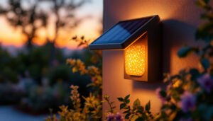 A photograph of a beautifully designed solar-powered sconce illuminated at dusk