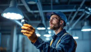 A photograph of a lighting contractor inspecting a modern hid light installation in an industrial or commercial setting