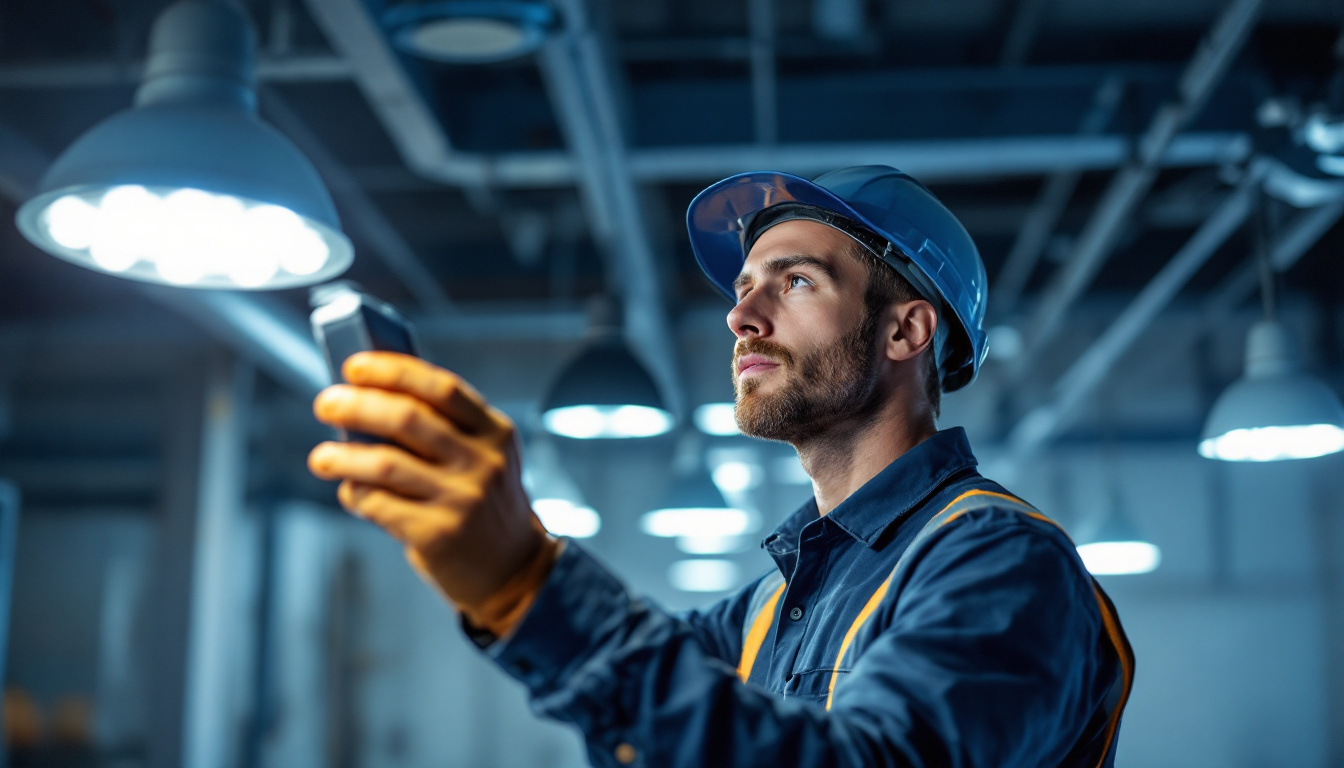A photograph of a lighting contractor inspecting a modern hid light installation in an industrial or commercial setting