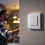 A photograph of a lighting contractor skillfully installing a wi-fi switch in a modern home setting
