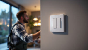 A photograph of a lighting contractor skillfully installing a wi-fi switch in a modern home setting