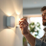 A photograph of a lighting contractor installing a motion sensor in a modern home setting