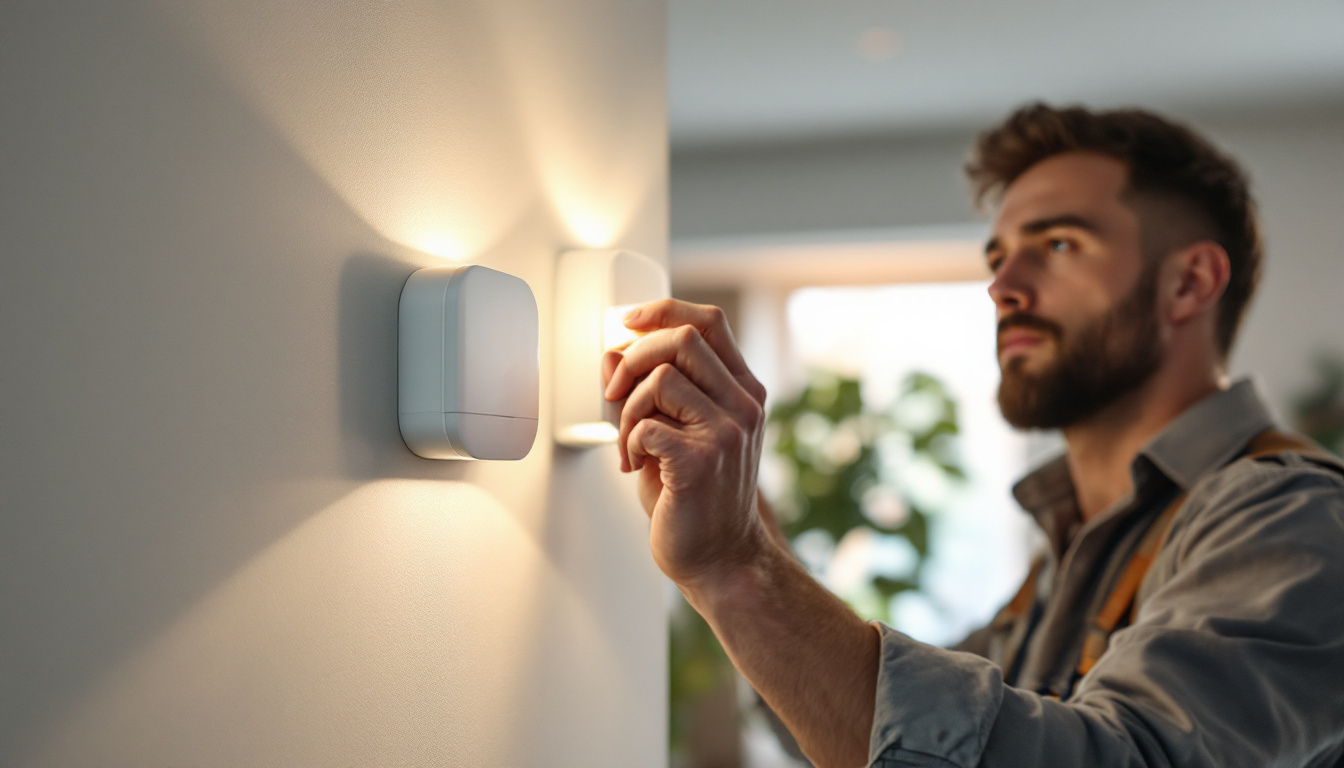 A photograph of a lighting contractor installing a motion sensor in a modern home setting