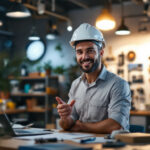 A photograph of a lighting contractor confidently presenting a bid proposal to a client