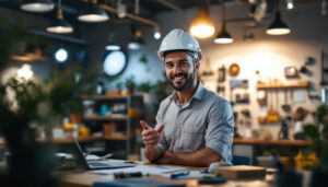 A photograph of a lighting contractor confidently presenting a bid proposal to a client