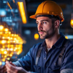 A photograph of a lighting contractor examining a vibrant bulb corn display in a well-lit workspace