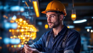 A photograph of a lighting contractor examining a vibrant bulb corn display in a well-lit workspace