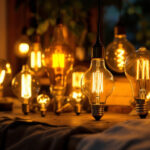 A photograph of a beautifully arranged display of various retro led light bulbs in different shapes and sizes