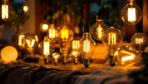 A photograph of a beautifully arranged display of various retro led light bulbs in different shapes and sizes
