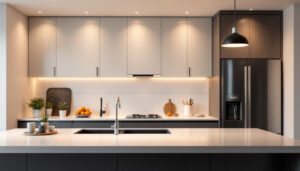 A photograph of a modern kitchen featuring stylish recessed lighting