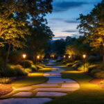 A photograph of a beautifully illuminated garden at dusk