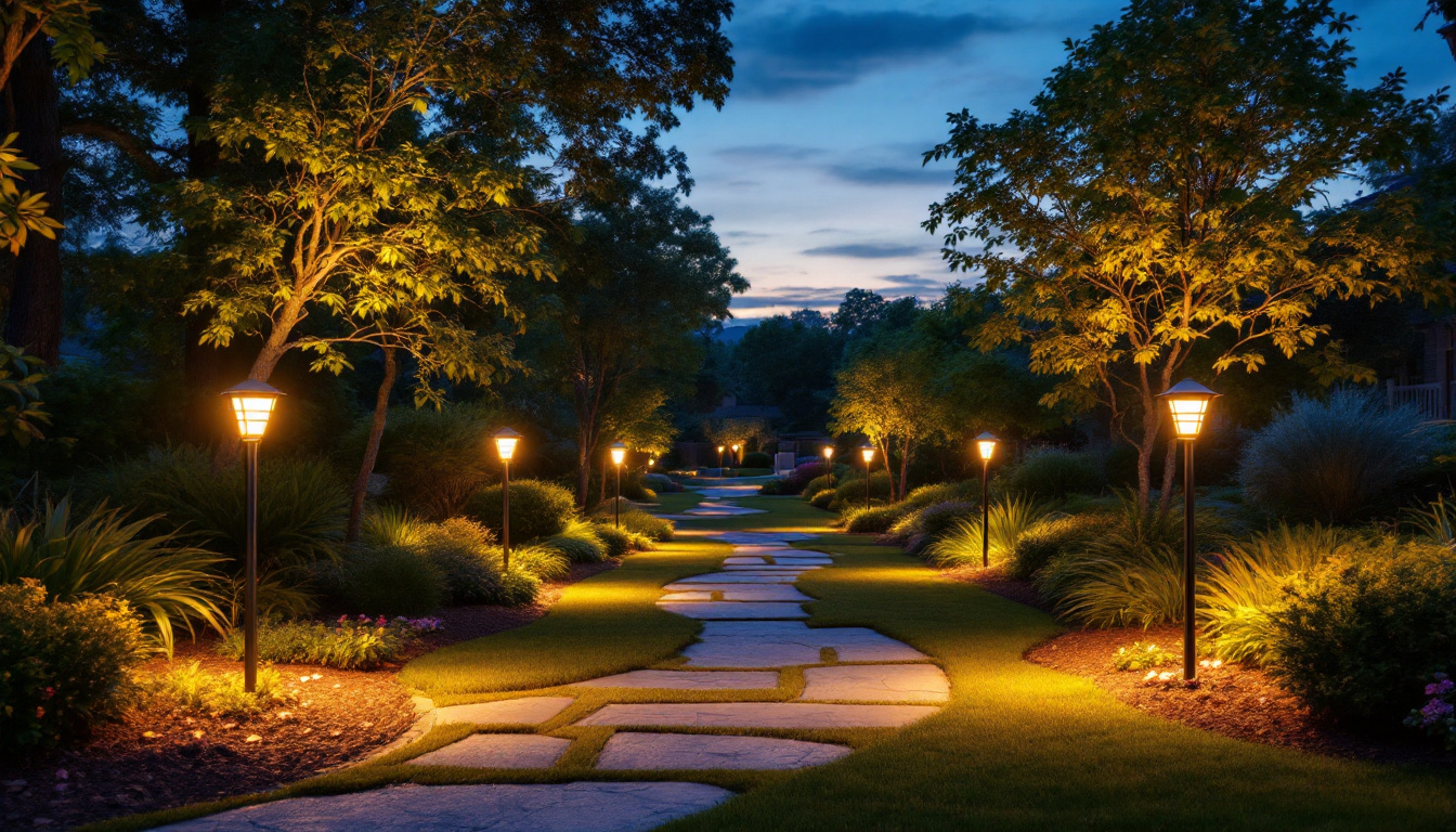 A photograph of a beautifully illuminated garden at dusk