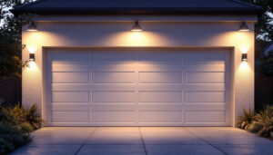 A photograph of a beautifully lit garage exterior at dusk