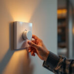 A photograph of a skilled lighting contractor installing a high-quality dimmer switch in a modern home setting