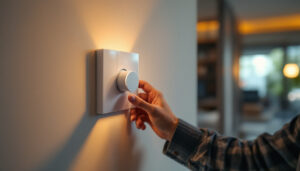 A photograph of a skilled lighting contractor installing a high-quality dimmer switch in a modern home setting