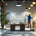 A photograph of a lighting contractor in action
