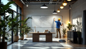 A photograph of a lighting contractor in action