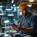 A photograph of a lighting contractor examining various modern lighting fixtures in a well-lit workspace