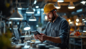 A photograph of a lighting contractor examining various modern lighting fixtures in a well-lit workspace