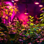 A photograph of a vibrant indoor garden illuminated by plant led lights