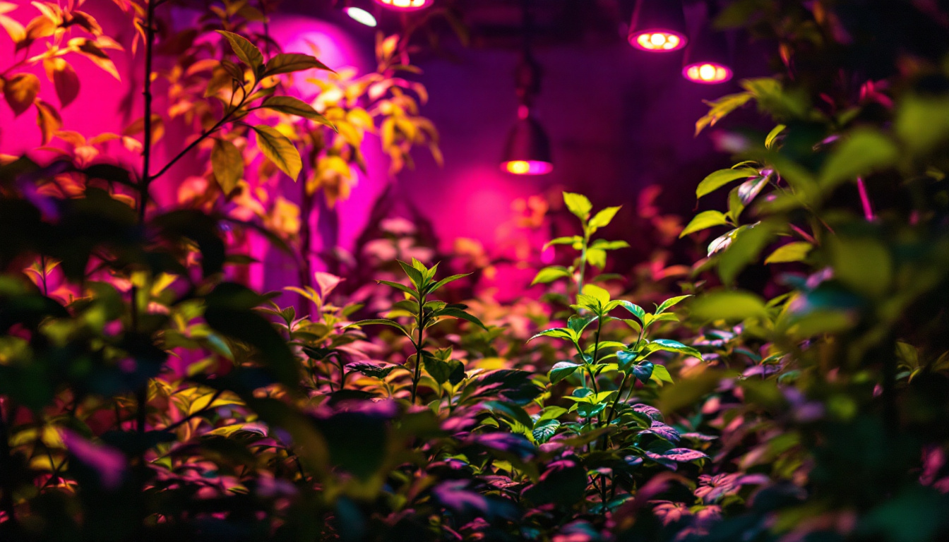 A photograph of a vibrant indoor garden illuminated by plant led lights