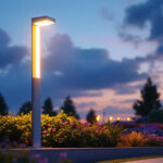 A photograph of a modern outdoor light pole illuminated at dusk