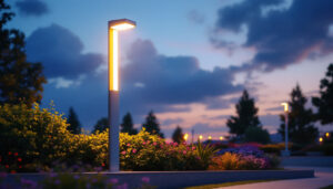 A photograph of a modern outdoor light pole illuminated at dusk