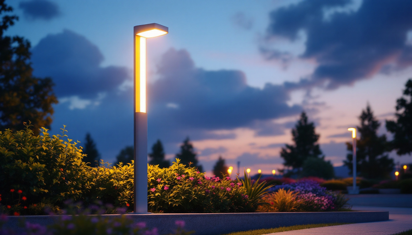 A photograph of a modern outdoor light pole illuminated at dusk