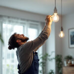 A photograph of a skilled lighting contractor expertly installing leviton lighting fixtures in a modern home setting