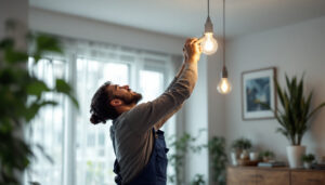 A photograph of a skilled lighting contractor expertly installing leviton lighting fixtures in a modern home setting
