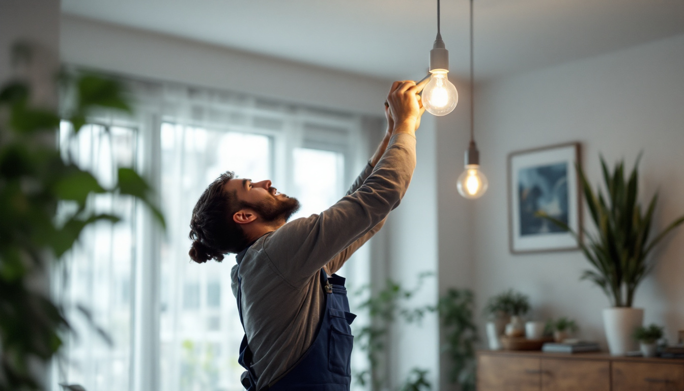 A photograph of a skilled lighting contractor expertly installing leviton lighting fixtures in a modern home setting