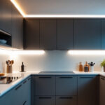 A photograph of a lighting contractor installing sleek under-the-counter led lights in a modern kitchen