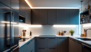 A photograph of a lighting contractor installing sleek under-the-counter led lights in a modern kitchen