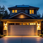 A photograph of capture a photograph of a well-lit garage exterior at dusk