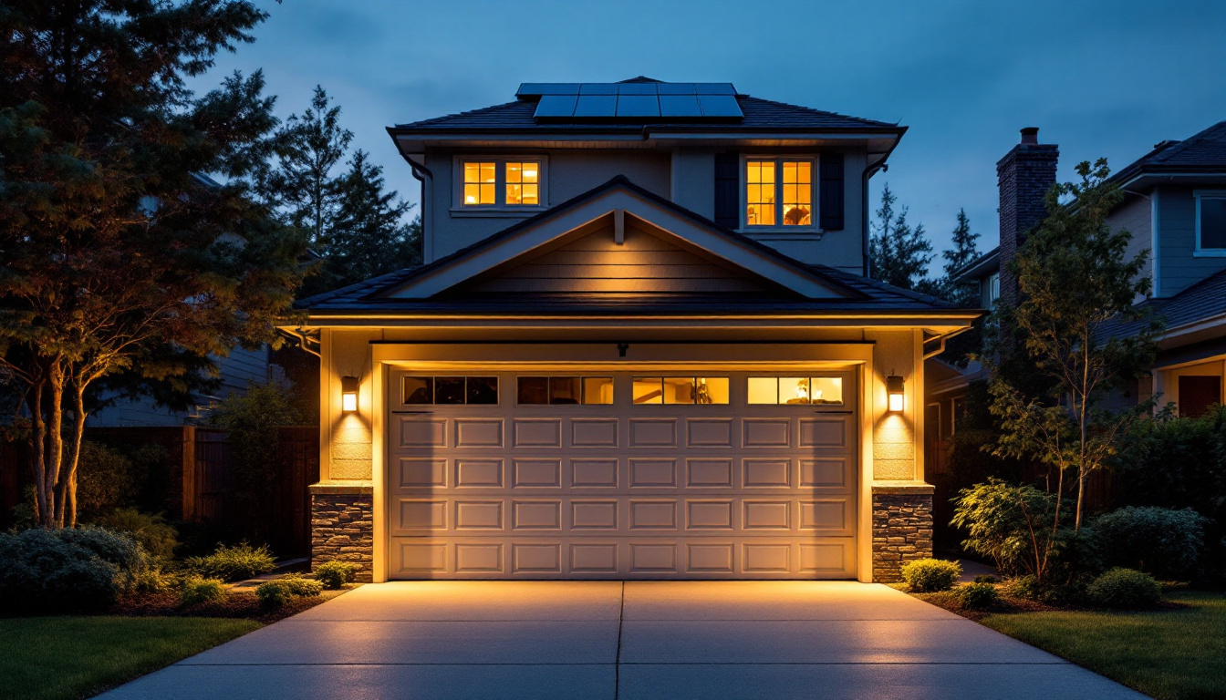A photograph of capture a photograph of a well-lit garage exterior at dusk