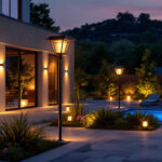 A photograph of a beautifully designed outdoor space illuminated by elegant night light solar fixtures
